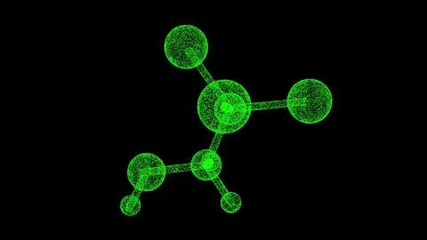 3D molecule on black bg. Object dissolved flickering particles. Scientific .. Stock Illustration
