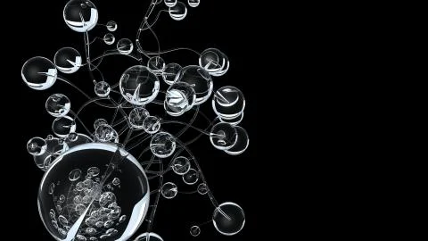 3D molecules or atoms on black background. Abstract molecular structure with Illustrazione stock