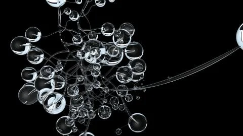 3D molecules or atoms on black background. Abstract molecular structure with Illustrazione stock
