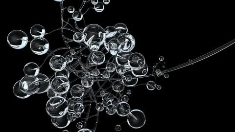 3D molecules or atoms on black background. Abstract molecular structure with Illustrazione stock