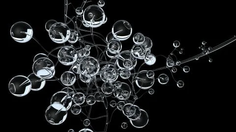 3D molecules or atoms on black background. Abstract molecular structure with Stock Illustration