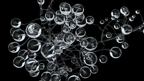 3D molecules or atoms on black background. Abstract molecular structure with Stock Illustration