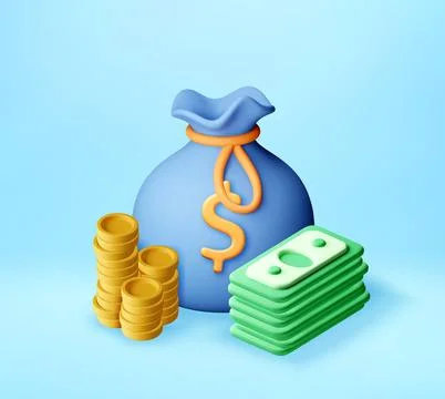 3D Money bag with coin stack and cash banknote 스톡 일러스트