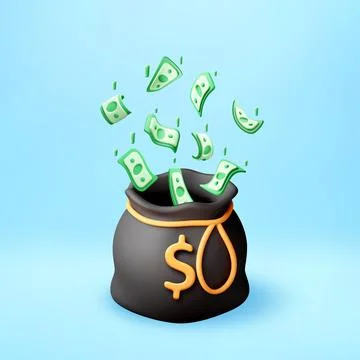 3D Money bag with falling dollar banknotes Stockillustratie