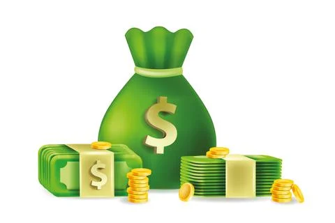 3D money bag icon, vector green dollar cash bill illustration Stock Illustration