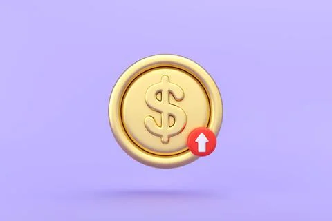 3D money coin saving wtith red arrow pointing up on pastel purple background. Stock Illustration