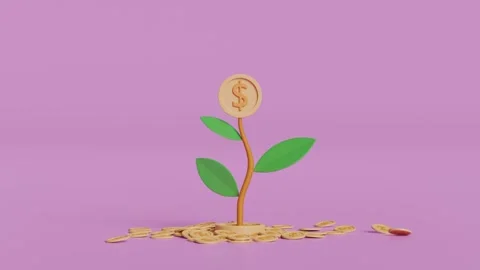 3d money dollar coins stack with tree growth isolated on pink background. f.. Stock Footage 261846963