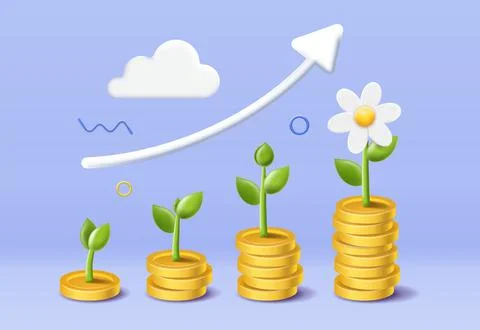 3D money growth. Stack of coins with sprouts and flower. Financial literacy and 스톡 일러스트