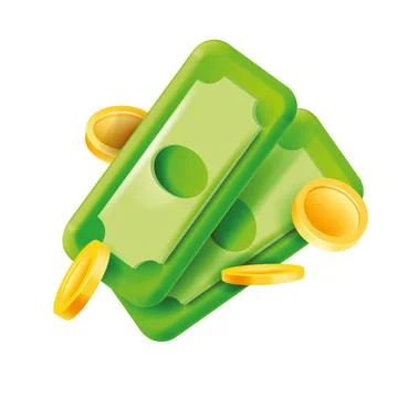 3D money icon, vector dollar cash bill illustration, flying golden coins Stock Illustration