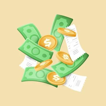 3d money render, blank bills. Yellow coins, paper dollar and checks, sale banner Stock Illustration