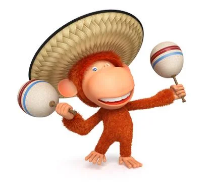 3d monkey costs in a sombrero maracases Stock Illustration