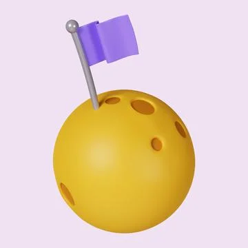 3d moon with flag. icon isolated on purple background. 3d rendering illustration Stock Illustration