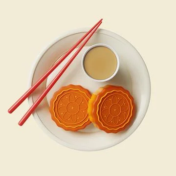 3d mooncake and tea. Mid autumn festival. icon isolated on yellow background. 3d Illustration