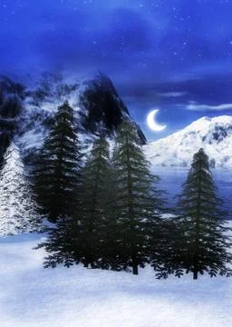 3d Moonlit winter mountain landscape Illustrazione stock