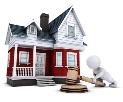 3D Morph Man with house and gavel Illustrazione stock