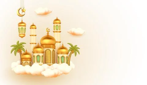3d mosque building decorated glossy brass dome above the clouds with copy s.. Stock Illustration