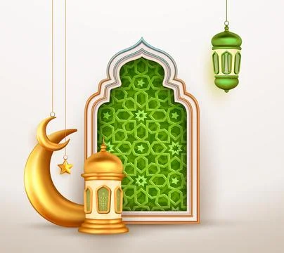 3d mosque dome and crescent with Arabic style carved window, Arabesque deco.. Stock Illustration