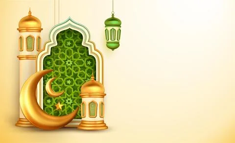 3d mosque dome and crescent with Arabic style carved window, Arabesque deco.. Stock Illustration