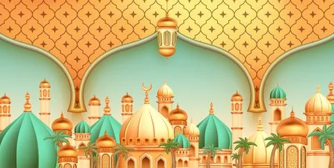 3d mosque shown with dome arches, Celebrating the holy month of Ramadan wit.. Illustrazione stock