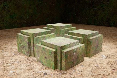 3d of Moss covering boxes for product advertisement stages square blocks to pres 스톡 일러스트