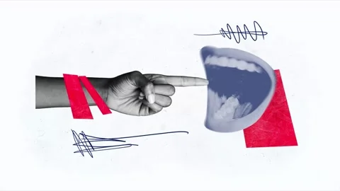 3d motion art collage video of human hand point mouth bite teeth gossip Stock Footage 310671794