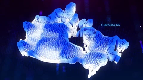 3D Motion Blue White Hexagonal Prism Rippling Canada Map and Text with Hud Grid Stock Footage 280000705