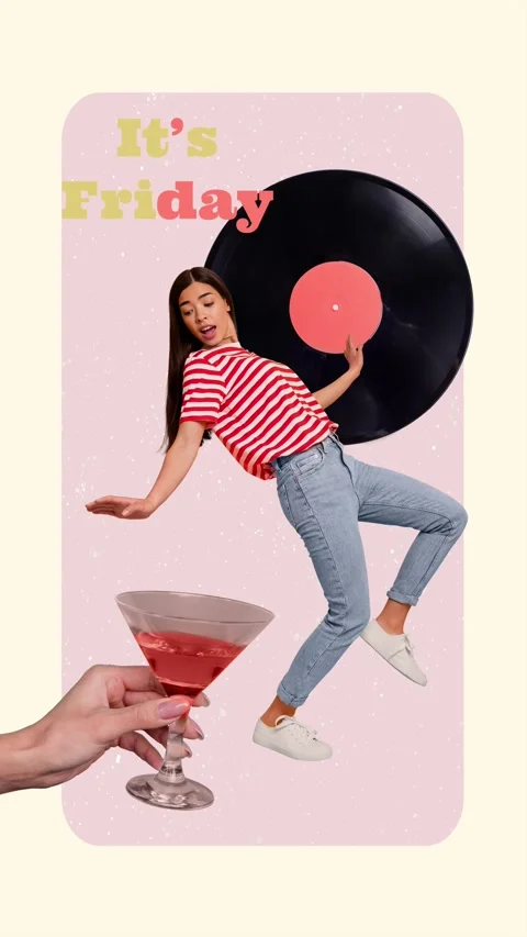 3d motion collage video of happy girl dance vinyl disk hold cocktail Stock-Footage 301514973