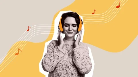 3d motion collage video of happy girl wear headphones listen music Video stock 301515960