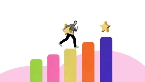 3d motion collage video of happy businessman run chart star development coin Video stock 303157701