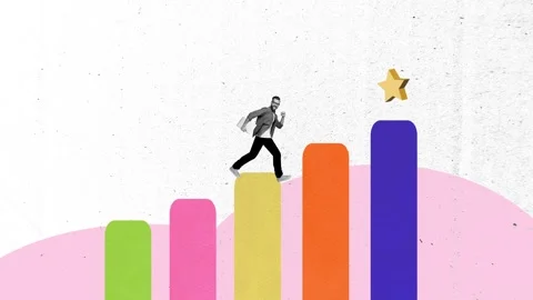 3d motion collage video of happy businessman run chart star development coin Video stock 303157735