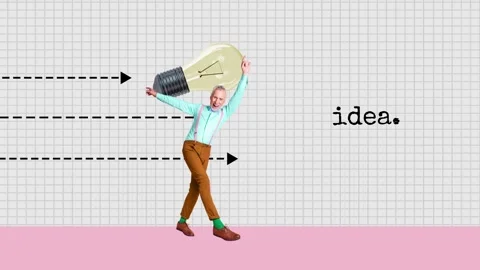 3d motion collage video of happy old man hold light bulb idea finding plan Stock Footage 303821001