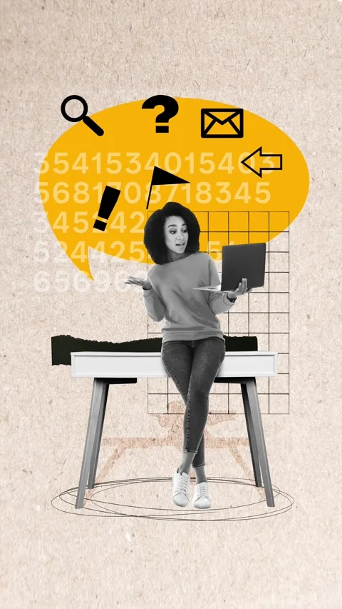 3d motion collage video of serious american girl speak video call laptop Stock Footage 301631992