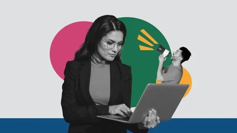 3d motion collage video of serious businesswoman hold laptop man peek strike Stock-Footage 305447031