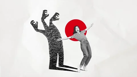 3d motion collage video of shocked scared girl scream hands fear Stock Footage 302159207