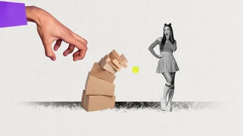 3d motion collage video of shocked girl stand stack delivery service hand Video stock 303820414