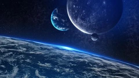 3D motion graph planet Earth blue brown elements orbits at orange Sun with halo Stock Footage 333961452