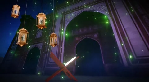 3D Motion Graphic Mosque and Open Quran on Wooden Stand 4K Video Stock Footage 330478327