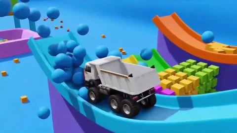 3D Motion Graphics Blue Spheres Obstacle Course Vehicle Scene Stock Footage 332760998