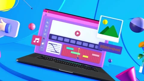 3D Motion Graphics Laptop Presentation with Floating Abstract Elements Stock After Effects
