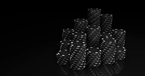 3D motion. Stacks of black and white poker chips standing on black mirror Stock Footage 127120506