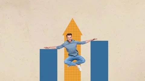 3d motion trend collage video of happy businessman jump chart arrow development Video stock 302172976