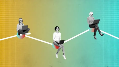 3d motion trend collage video of happy freelancer businesswomen type laptop goal Stock Footage 302173351