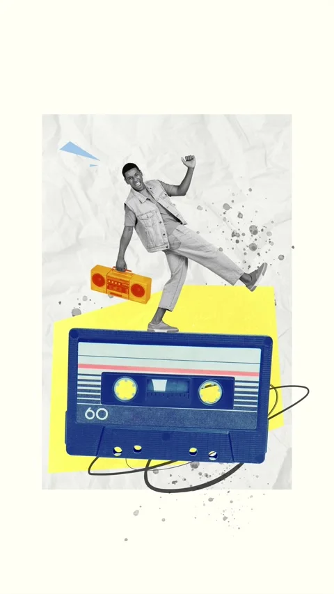 3d  motion trend collage video of happy american man carry boombox cassette Stock Footage 302985698