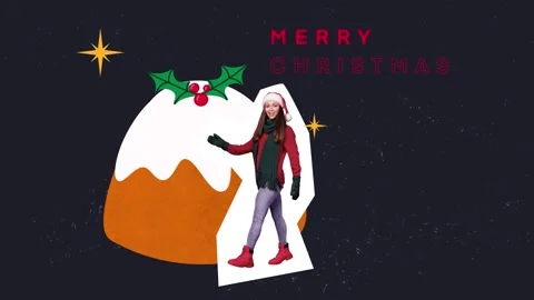 3d motion trend collage video of happy girl walk santa claus hat xmas pudding Stock Footage 302989400