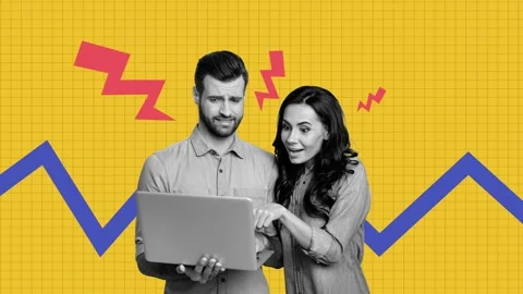 3d motion trend collage video of two business girl guy hold laptop graph down Stock Footage 305447126