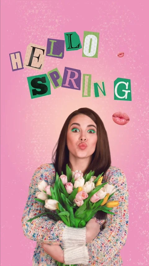 3d motion trend collage video of funny girl hold tulips duckface hello spring Video stock 306230827
