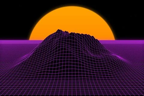 3D mountain grid with sunset Stock Illustration
