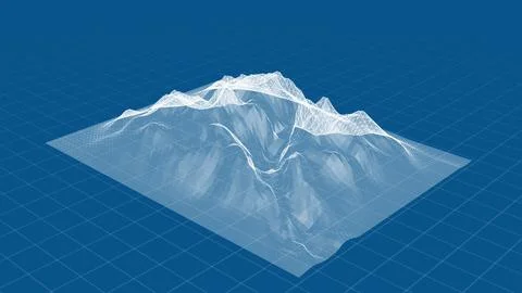 3D Mountain Landscape Wireframe on Blue Grid Background for Design Projects Illustrazione stock