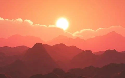3D Mountain Range Against Sunset Sky Digital Art Stock Photos