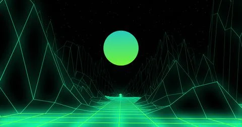 3D mountains over grid lines against green round shape on black background Stock Illustration